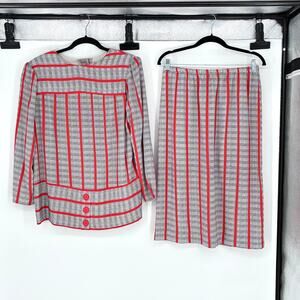 Vintage Black and White with Red Stripe Skirt and Blouse - Size L - Plaid - Bold